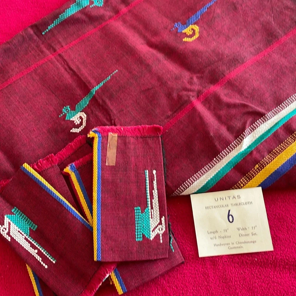 -Handwoven Guatemala rectangular tablecloth and matching napkins.